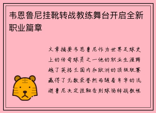 韦恩鲁尼挂靴转战教练舞台开启全新职业篇章